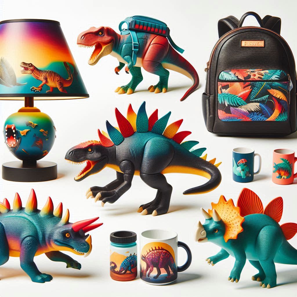 Assortment of dinosaur-themed toys, books, and decor items from the Dinosaur Collection, showcasing colorful and imaginative products for all ages